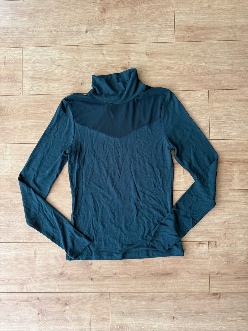 Anthropologie Mesh Panel Turtleneck Top Emerald Green XS Sheer Yoke